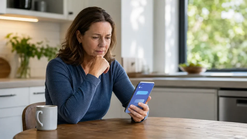 Femme pensive consultant un chatbot santé sur son smartphone pour évaluer ses symptômes