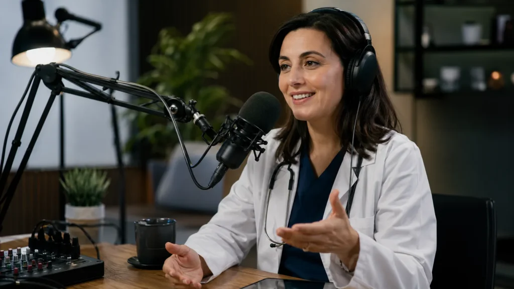 Professionnel de santé écoutant un podcast médical au casque, canal audio de formation continue