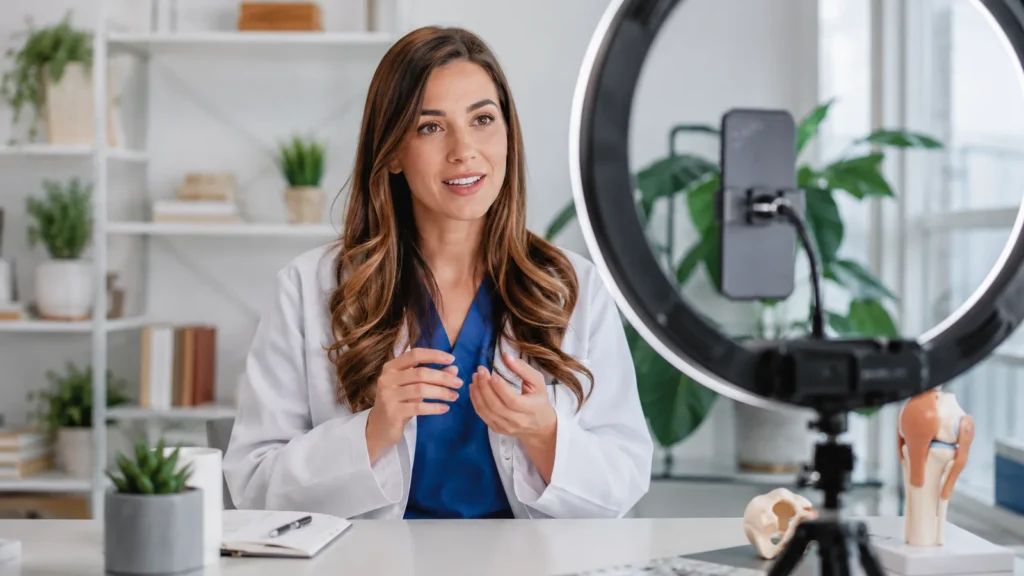 Smartphone tenu à la verticale filmant une vidéo courte d'information santé au format 9:16, illustrant la vidéo verticale santé en 2026